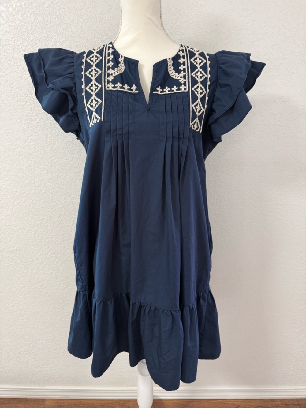 SHE + SKY Navy Blue Embroidered Flutter Sleeve A-Line Dress 100% Cotton L.